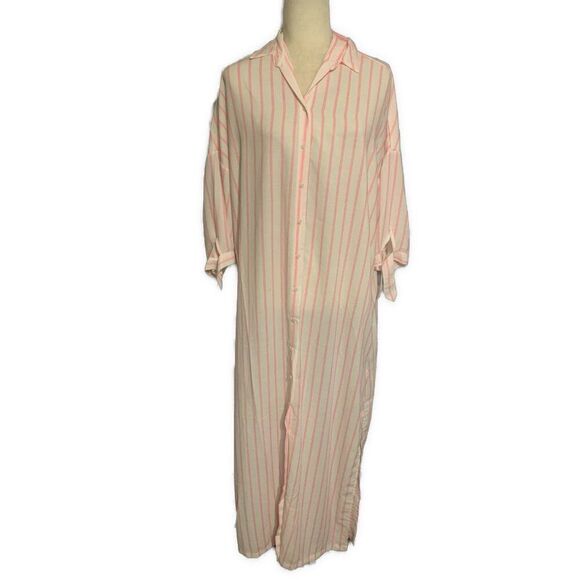 little peixoto Revolve Pink White Striped Long Sleeve Maxi Shirt Dress One Size - Picture 1 of 5